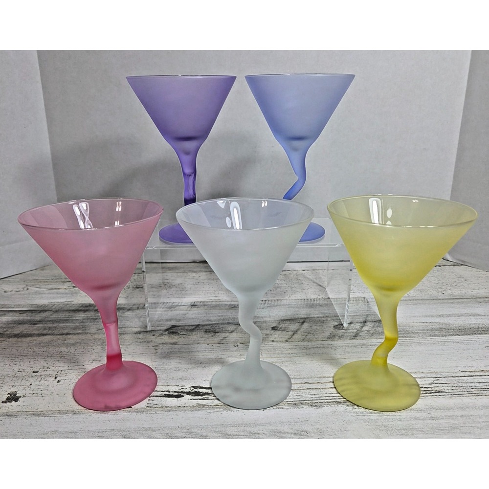 Vtg Watusi Jewel Satin Martini Glasses Pastel Frosted Z Stem Squiggle 5 Pc Retro